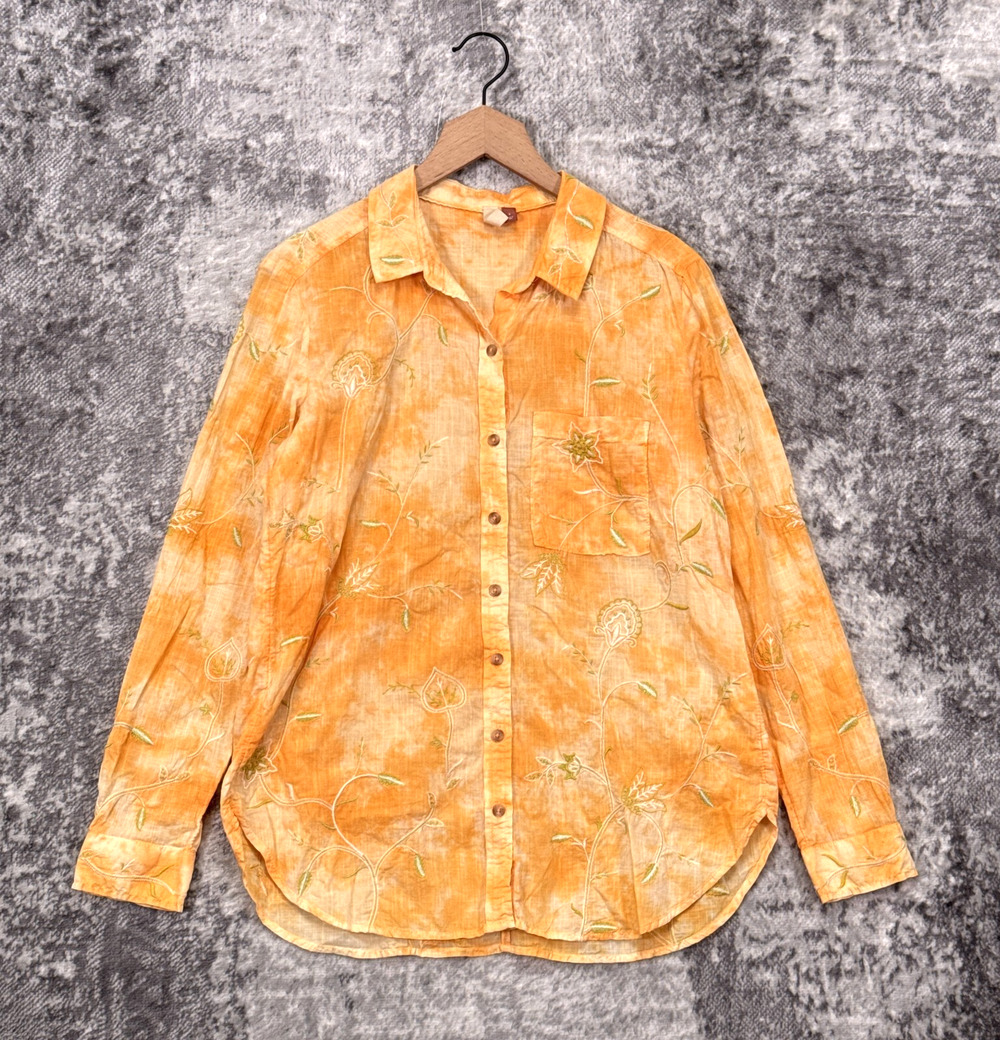 Anthropologie Top Small Womens Pilcro Orange Woven Embroidered Shirt Long Sleeve